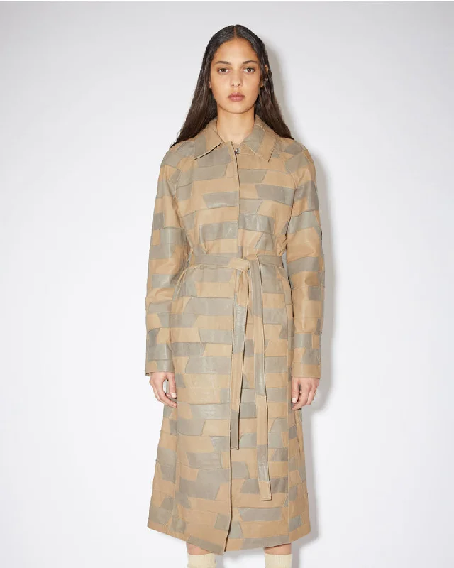 Brown Belted Women's Leather Coat Tie-Waist Belted Drawstring