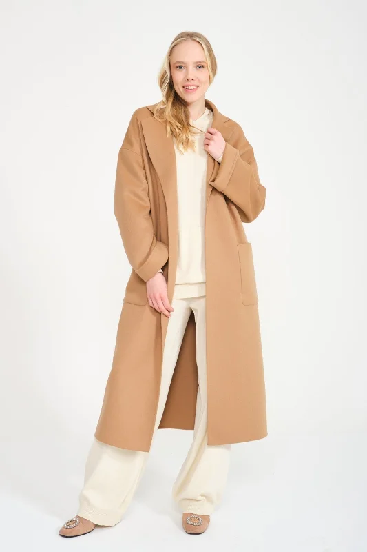 Camel Wool Long Coat Parka Anorak Hoodie