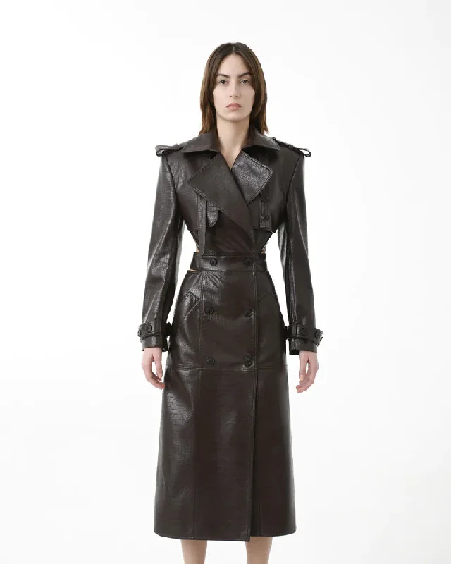 Crocodile Leather Open Back Trench Coat Shawl Collar Notch Collar Lapel Collar