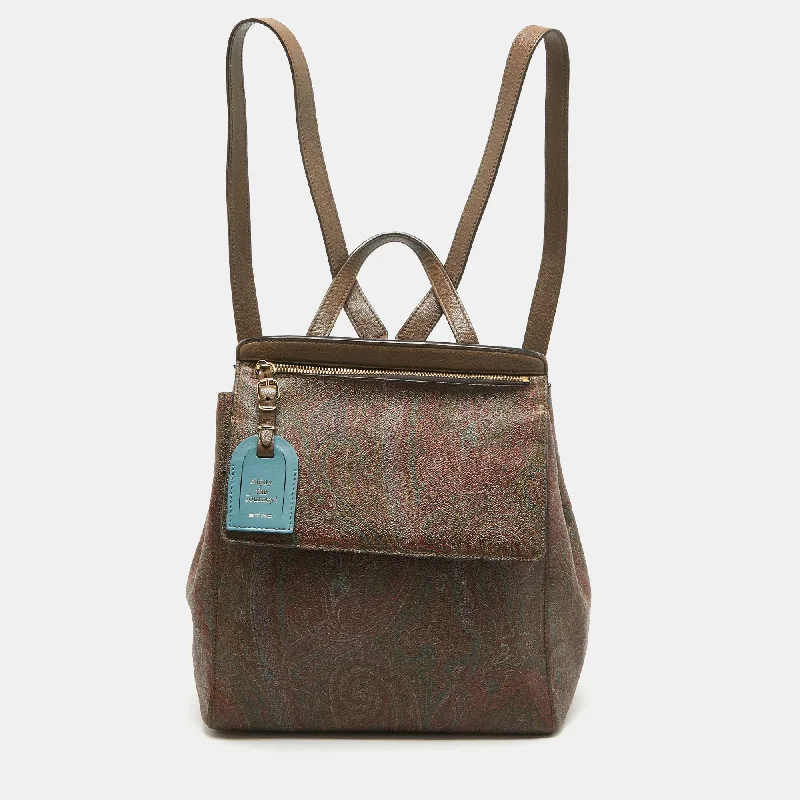 Etro Brown Paisley Print Coated Canvas Backpack Jersey Tulle Batik