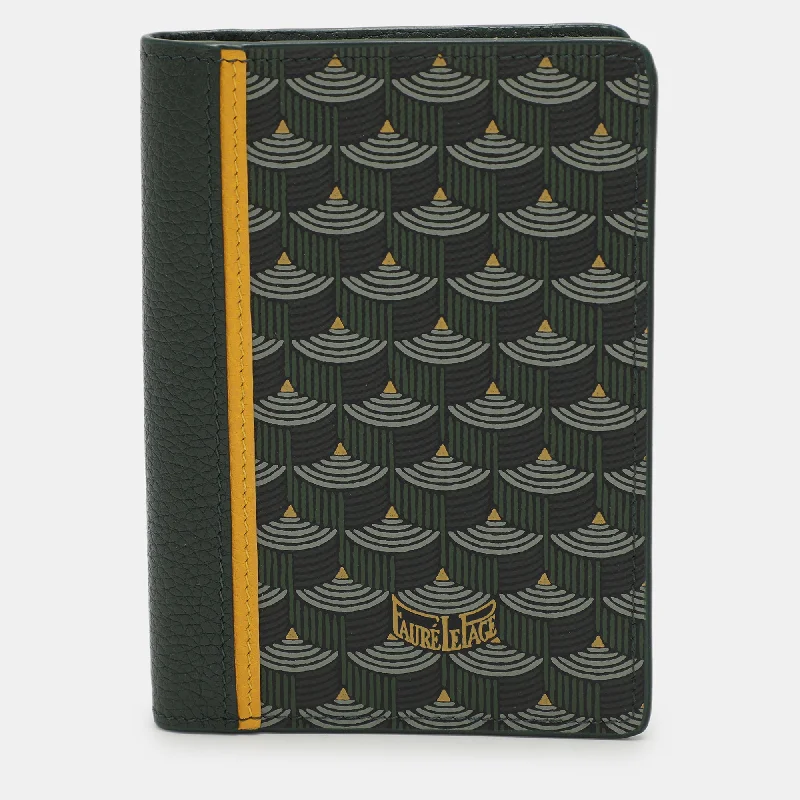 Faure Le Page Green Coated Canvas And Leather Bifold Card Case Solid Print Jacquard