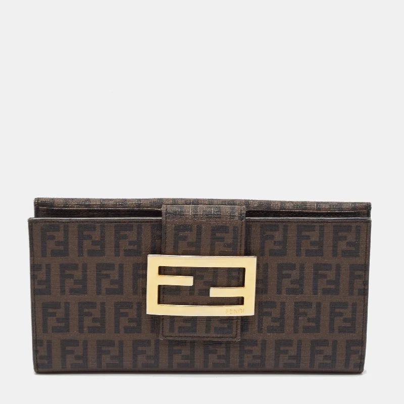 Fendi Dark Brown Zuchinno Coated Canvas Forever Flap Continental Wallet Striped Polka Dot Floral