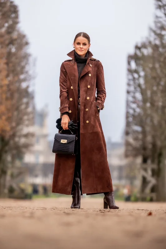 Full Length Marlborough Trench Coat (Chocolate Suede) Mesh Canvas Denim