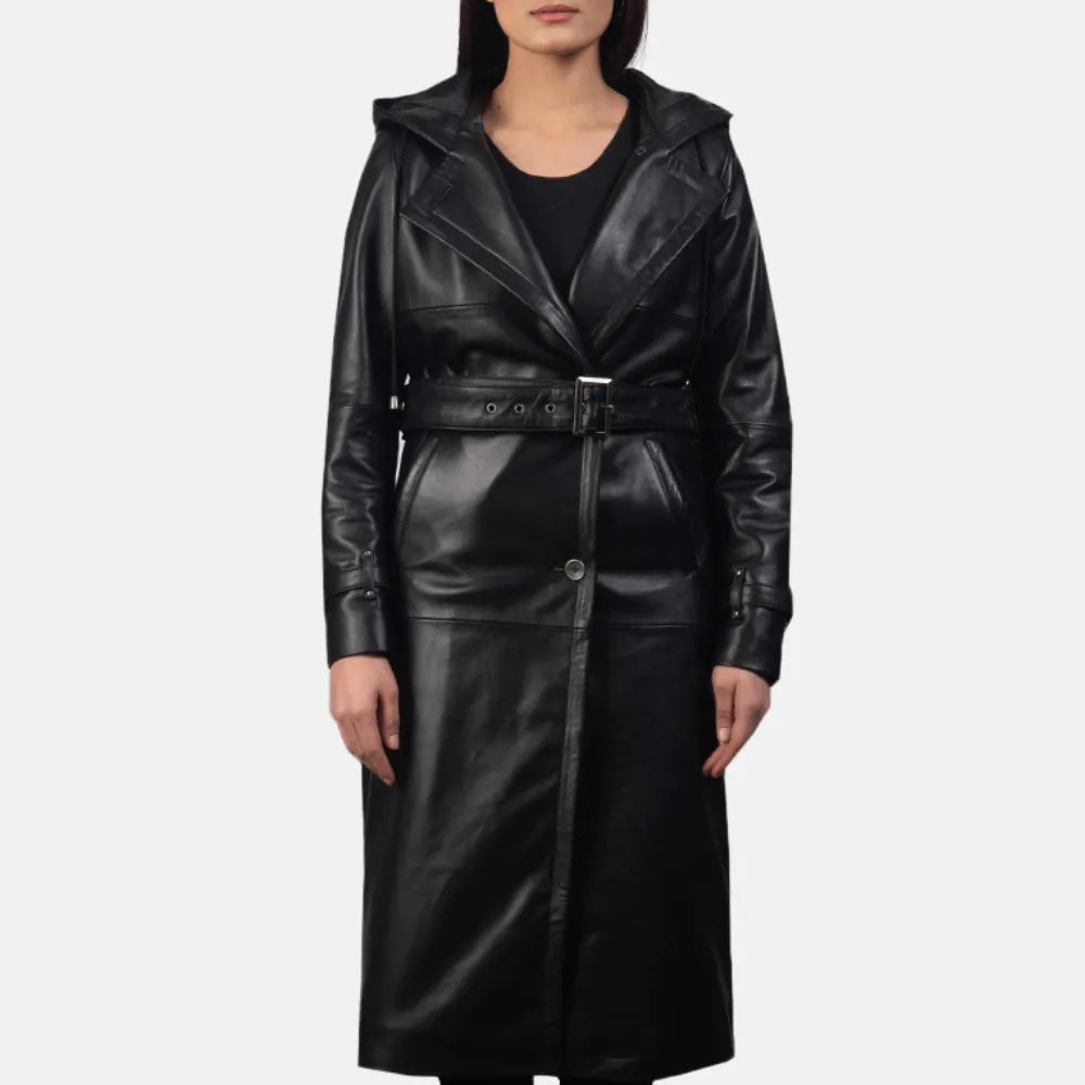 Hooded Black Leather Trench Coats Asymmetrical Diagonal princess