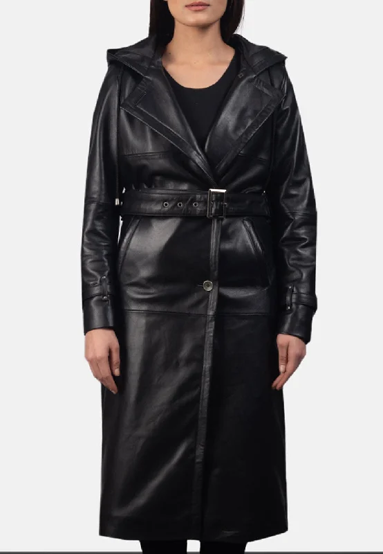 Women's Black Leather Hooded Trench Coat Stand-Up Roll-Neck Turtle