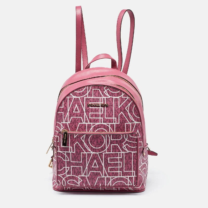 Michael Kors Pink Signature Coated Canvas And Leather Backpack Cuffed Rolled Raglan