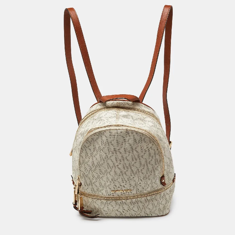 Michael Kors White/tan Signature Coated Canvas And Leather Medium Rhea Backpack Sleeveless Short Sleeve Long Sleeve Michael Kors White/tan Signature Coated Canvas And Leather Medium Rhea Backpack Sleeveless Short Sleeve Long Sleeve