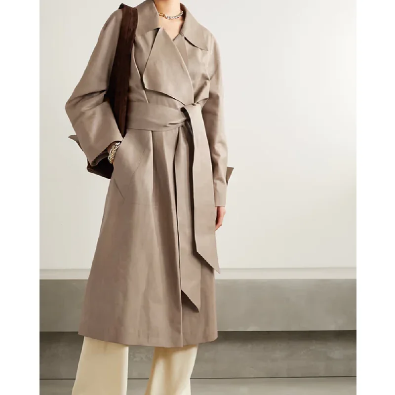 New  Light Brown Lambskin Leather Long Coat For Women's Anorak Windbreaker Fleece