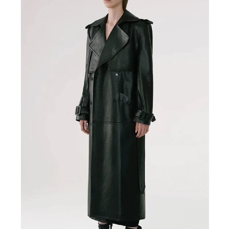 New Women Black Lambskin Duster Leather Trench Coat Turtleneck Wrap Cape