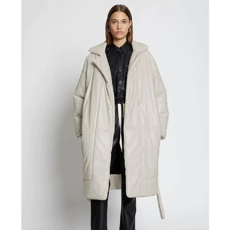 New Women Off White Faux Puffer Leather Trench Coat Wool Cashmere Tweed