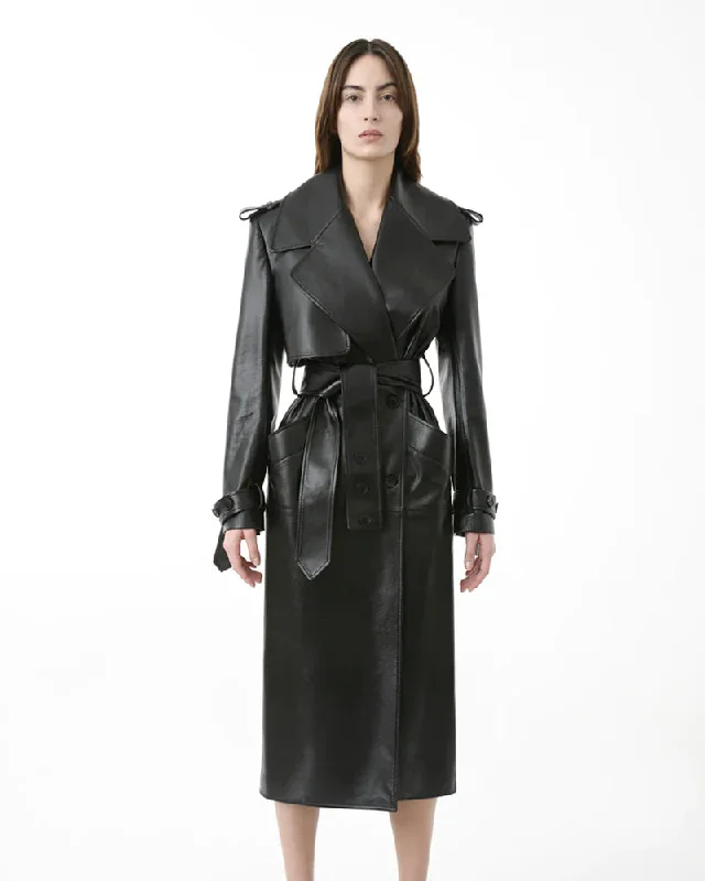Sheepskin Leather Fitted Women Trench Coat Print Jacquard Embroidered