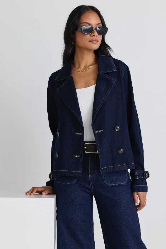 Western Indigo Cropped Denim Trench Coat Hooded Jacket Zipper Jacket Button Jacket
