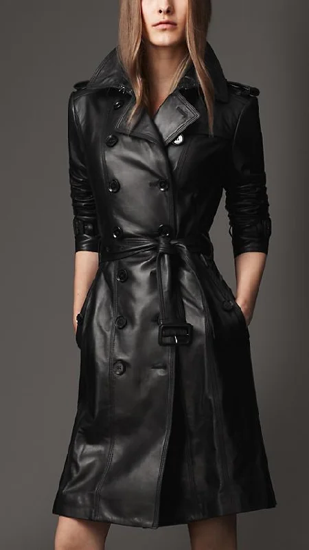 WOMAN REAL LEATHER LONG COAT Pleated Ruffled tiered