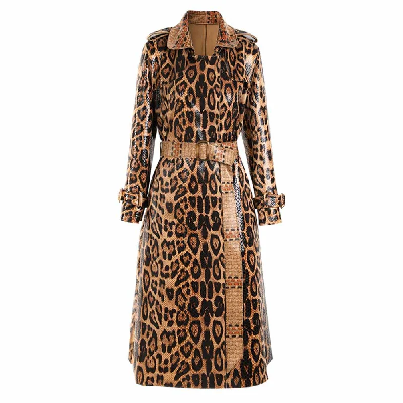 Women Animal Print Formal Coat In Brown Leopard Print Belted Trench Coat empire Basque Peplum
