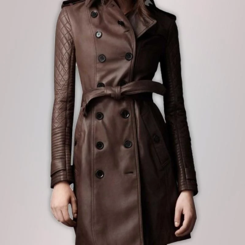 Women leather Trench Coat Pockets Sleeves Lining