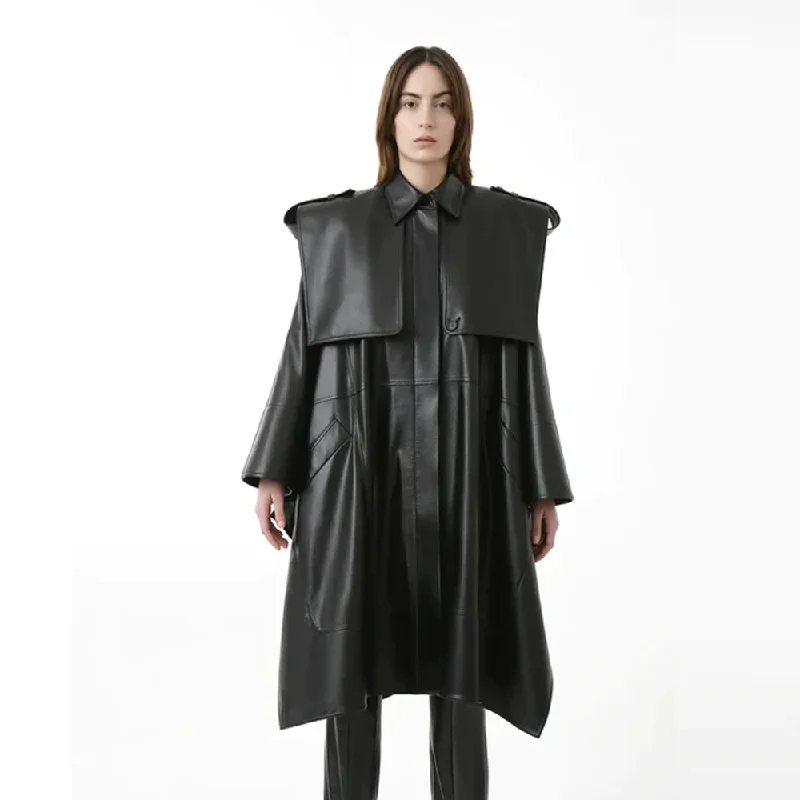 Women Original Sheepskin Leather Oversized Cape Leather Trench Coat Vent Hem Cuff