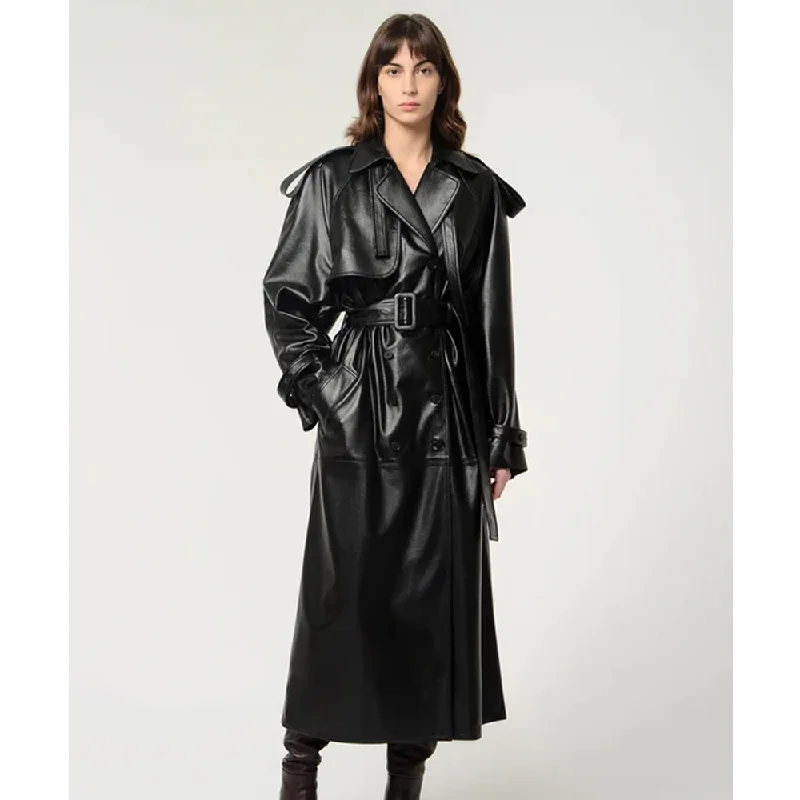 Women Sheepskin Black Leather Trench Coat A-Line Ball Gown Mermaid