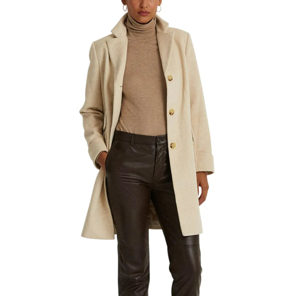 Womens Beige Wool Blend Coat Striped Polka Dot Solid