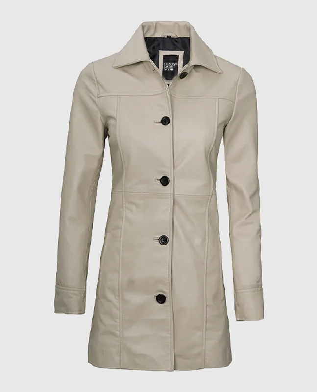 Women's Biege Leather Coat Hook-and-Loop Buckled Tied