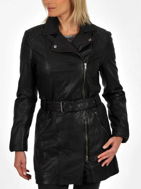Women's Black Double Breasted Leather Long Coat TC22 Blazer Duffle Coat Pea Coat
