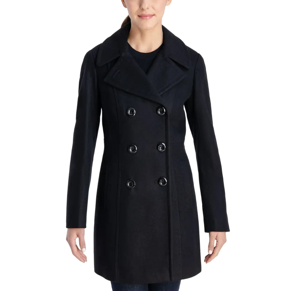 Womens Black Double Breasted Wool Coat Sleeveless Short Sleeve Long Sleeve