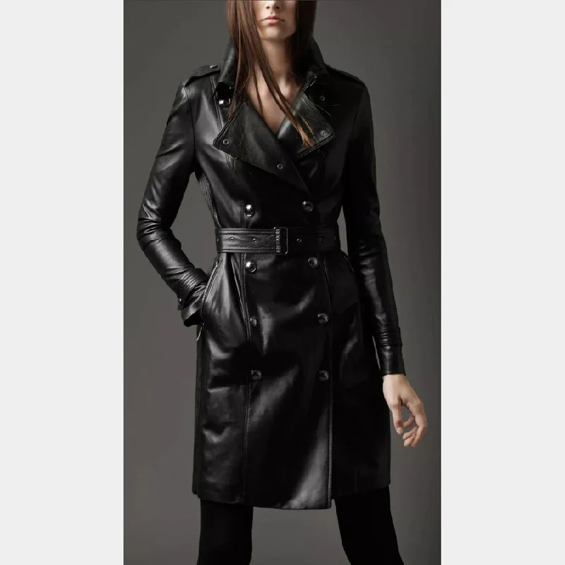 Women's Black Genuine Leather Knee-Length Trench Coat Rayon Velvet Corduroy