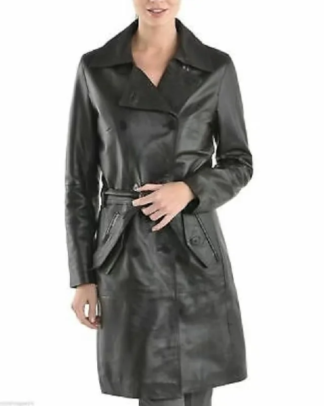 Women's Black Leather Double Breasted Trench Long Coat Fleece Down Feather