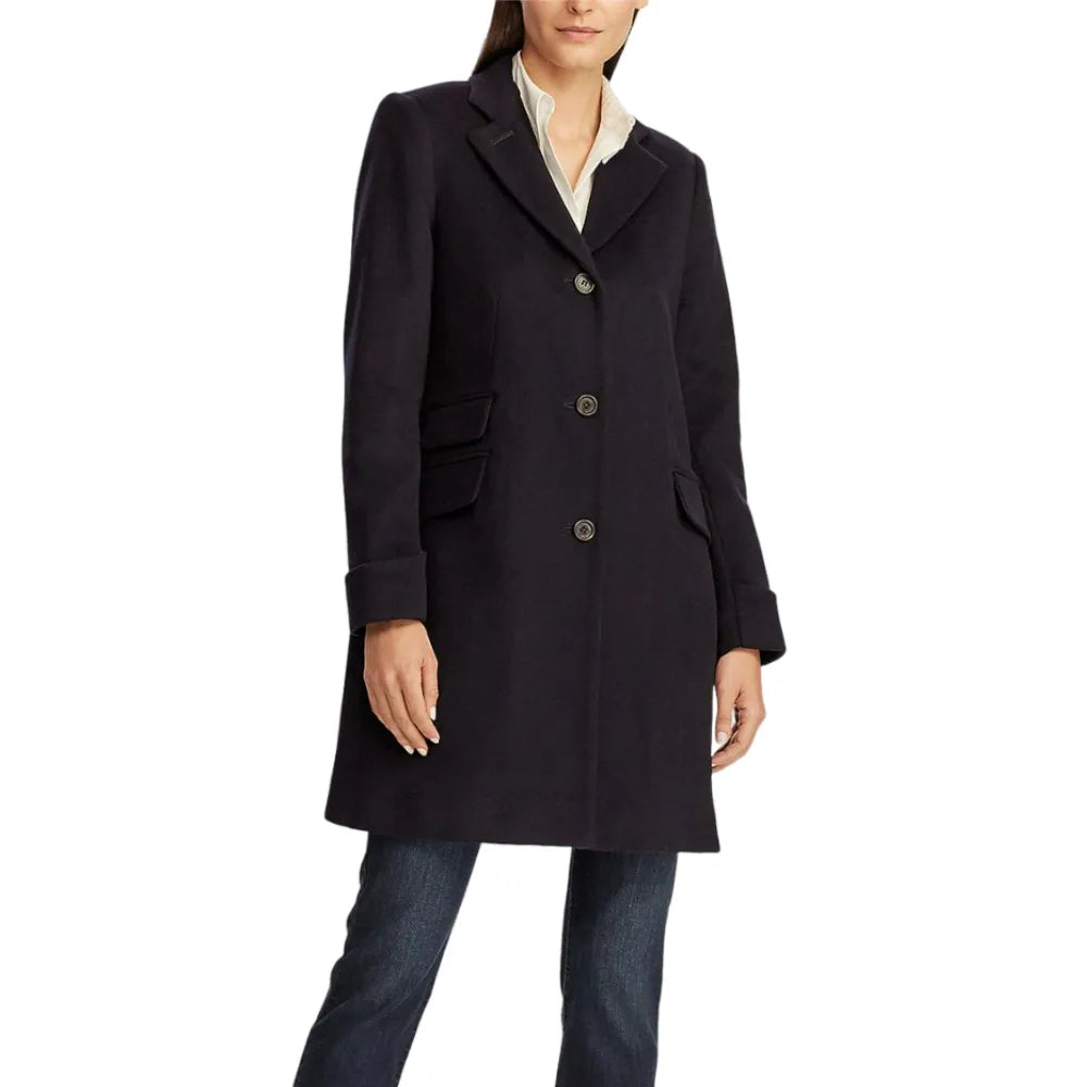 Womens Black Wool Walker Coat Toggle Coat Shawl Collar Coat Notch Collar Coat