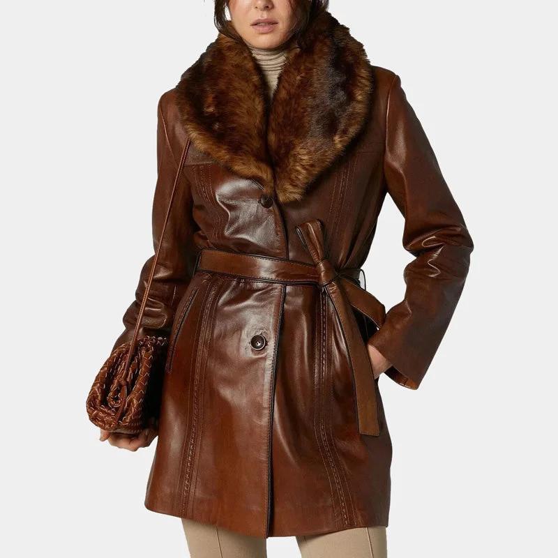 Women's Brown Leather Fur Collar Belted Long Trench Coat Front Pockets Side Pockets Patch Pockets Women's Brown Leather Fur Collar Belted Long Trench Coat Front Pockets Side Pockets Patch Pockets