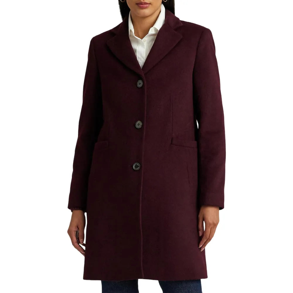 Womens Burgundy Wool Blend Coat Bomber Denim Leather