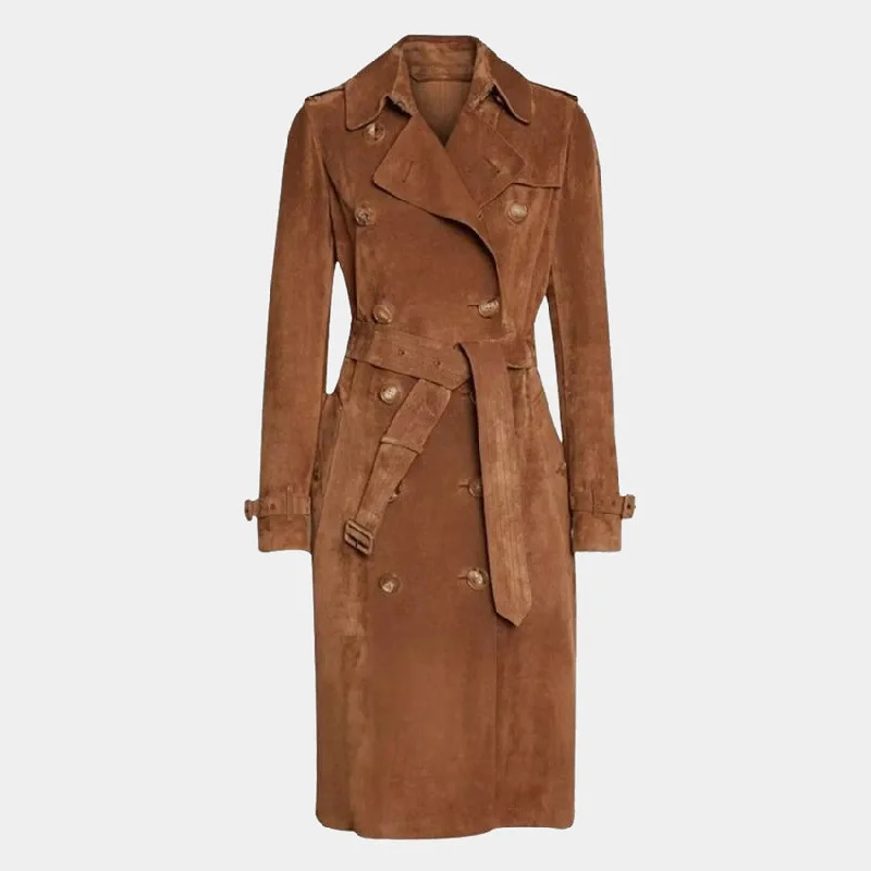 Women's Classic Italian Brown Suede Leather Long Trench Coat Down Puffer Quilted