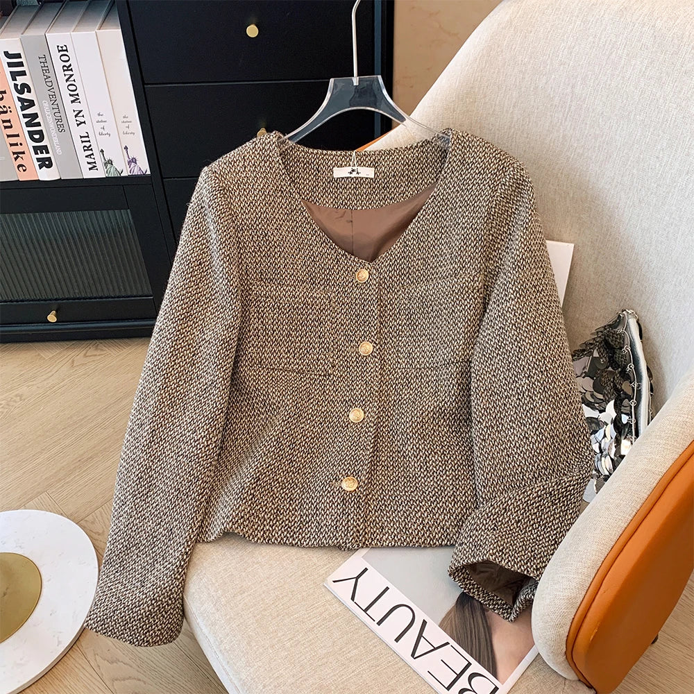 Women's Coffee V-Neck Button Coat Autumn Winter Hook-and-Loop Buckled Tied