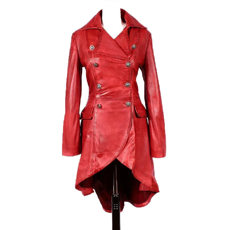 Women's Double Breasted Corset back Red Leather Coat TC19 Fitted Loose Oversized