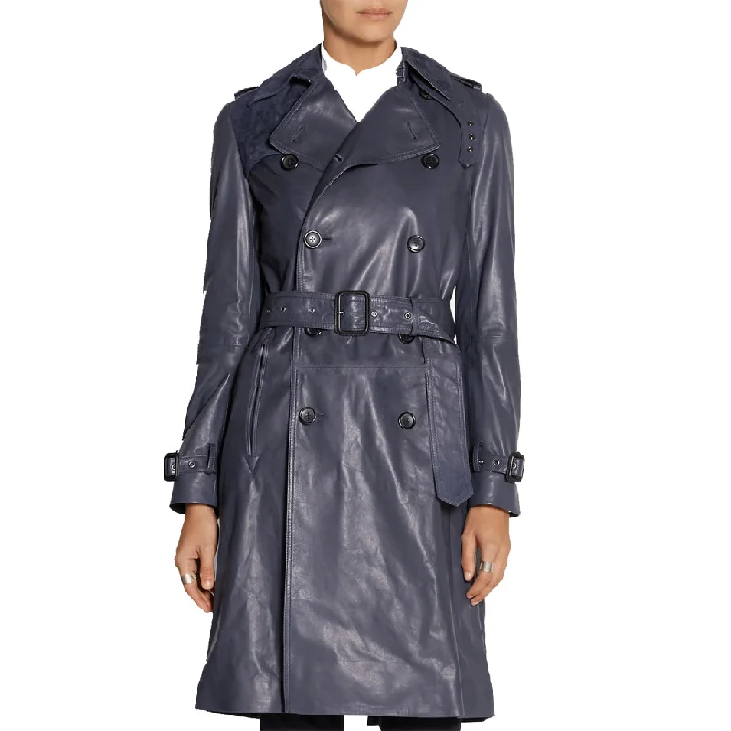 Women's Knee Length Double Breasted Gray Leather Coat TC17 Herringbone Houndstooth Plaid