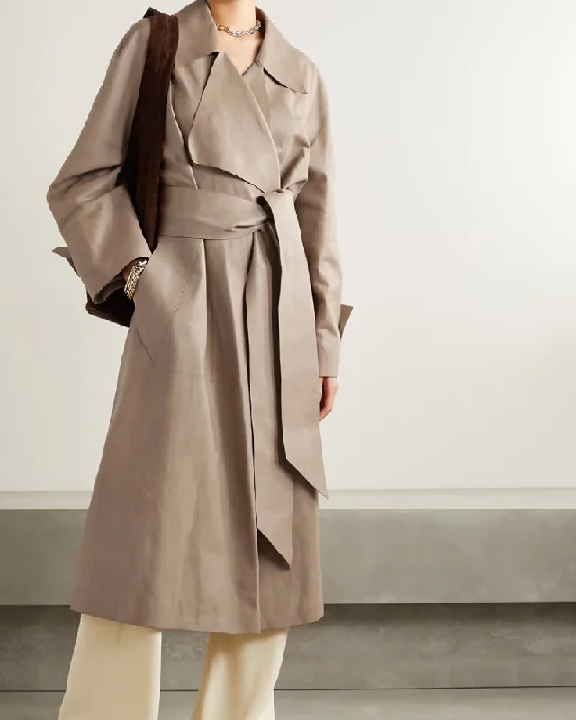Women's Light Brown Leather Long Coat Solid Print Jacquard