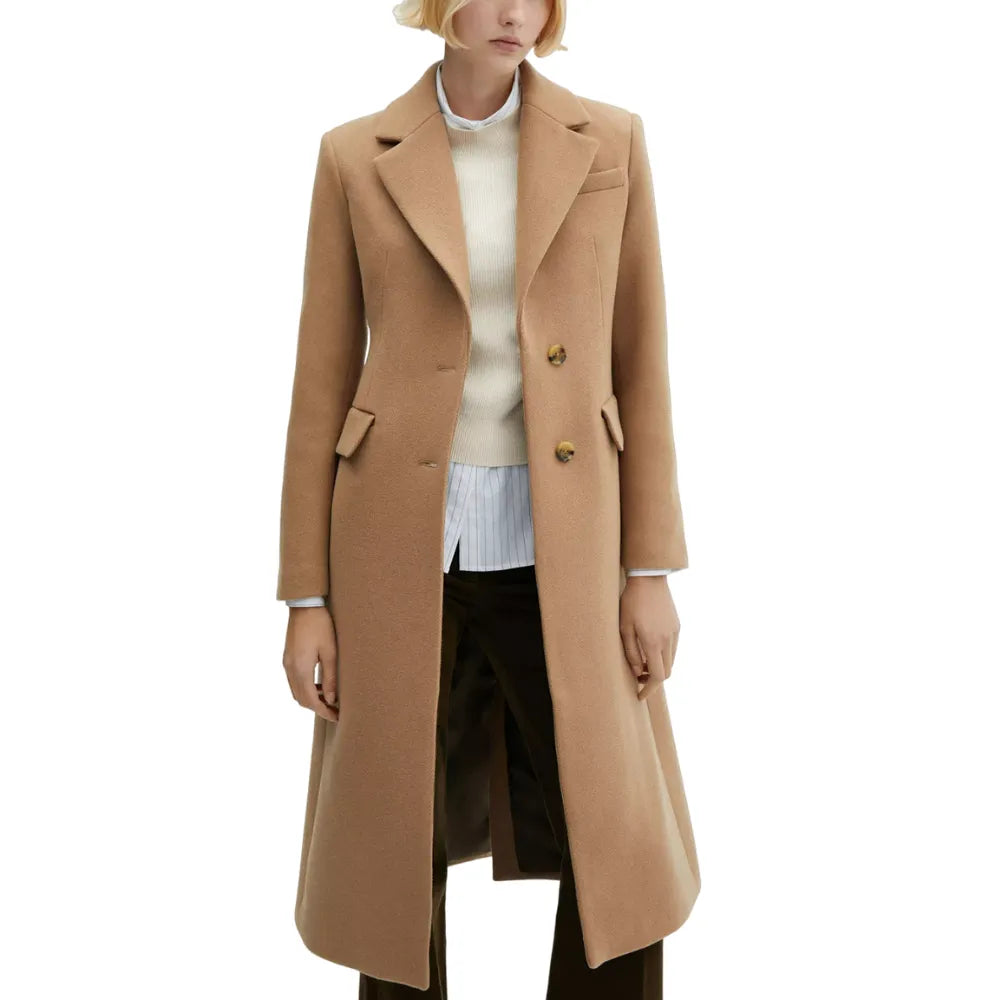 Womens Light Brown Wool Coat Square Neck One-Shoulder Off-the-Shoulder