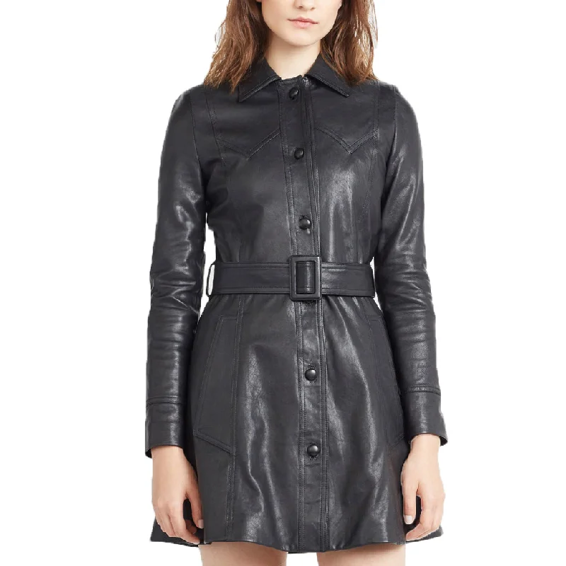 Women's Mid Length Black Leather Trench Coat TC12 Plaid Tartan Floral