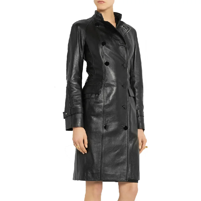 Women's Mid Length Double Breasted Leather Coat TC15 Bodycon Sheath Shift