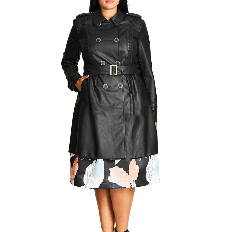 Women's Mid Length Double Breasted Leather Coat TC16 Collared Crew Neck Turtle Neck
