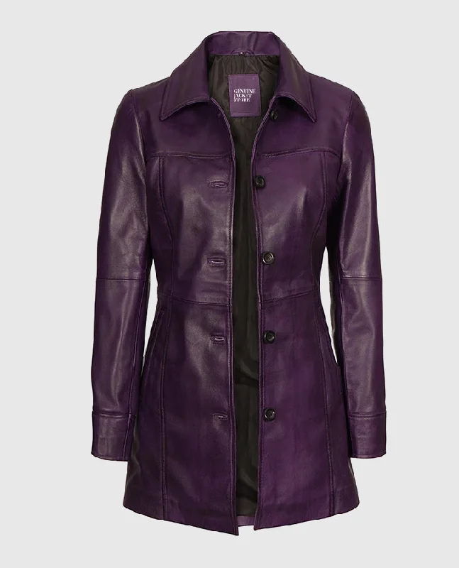 Women's Mid-Length Leather Purple Coat Tweed Herringbone Houndstooth
