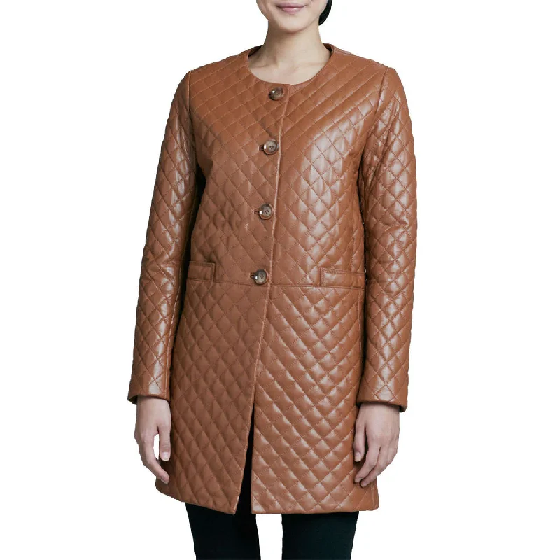 Women's Mid Length Quilted Brown Leather Trench Coat TC20 Off-the-Shoulder Jacket Double-Breasted Coat Single-Breasted Coat Women's Mid Length Quilted Brown Leather Trench Coat TC20 Off-the-Shoulder Jacket Double-Breasted Coat Single-Breasted Coat