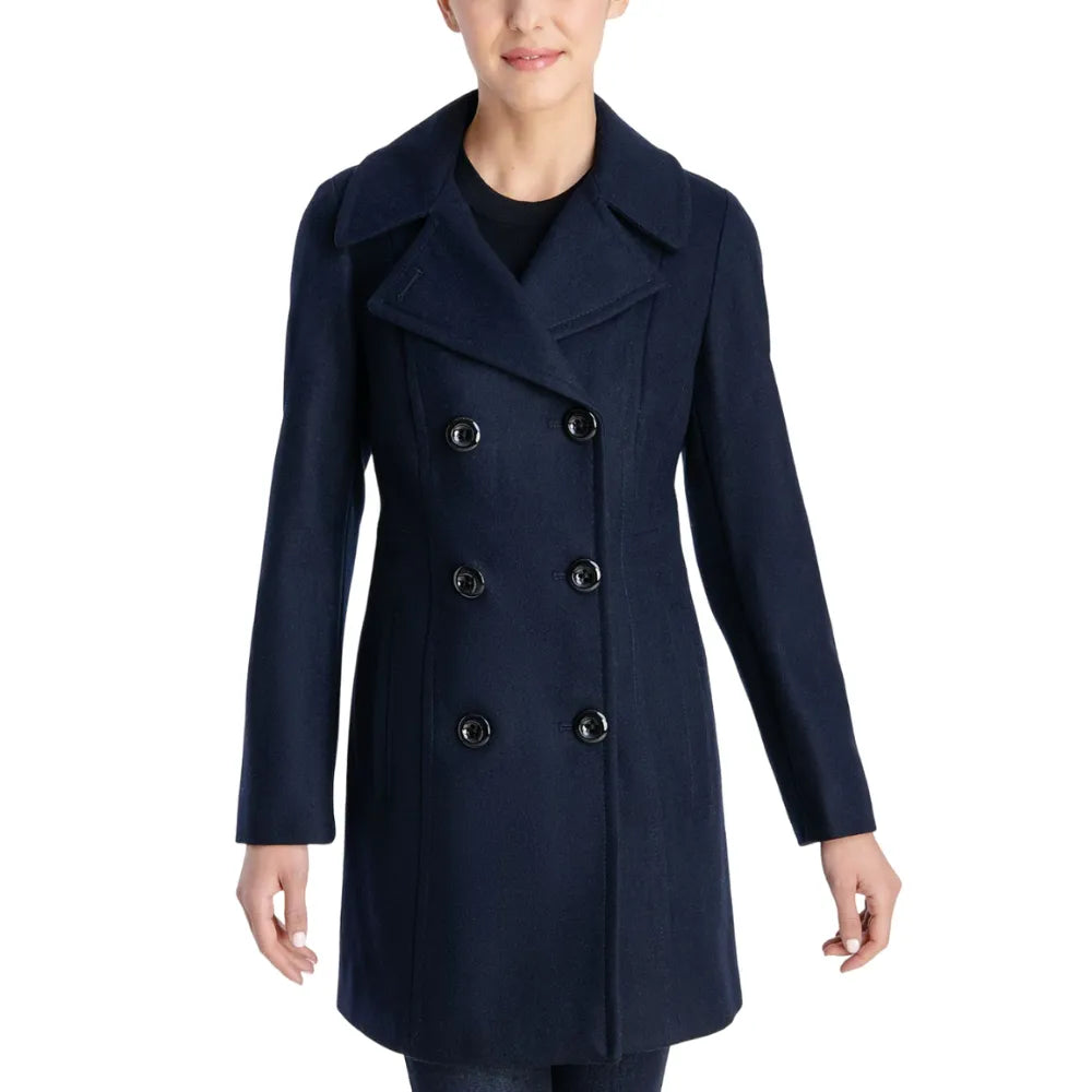 Womens Navy Double Breasted Wool Coat Denim Leather Suede