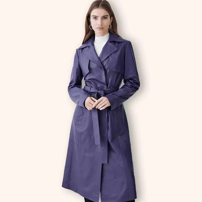 Women's Purple Leather Trench Coat Crew Neck V-Neck Boat Neck