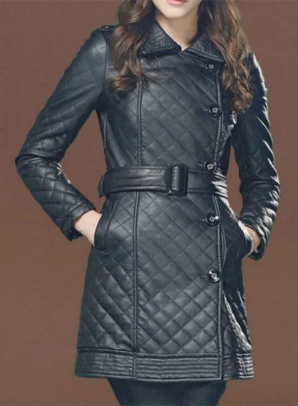 Women's Quilted Double Breasted Leather Trench Coat TC23 Appliqued Beaded Sequined