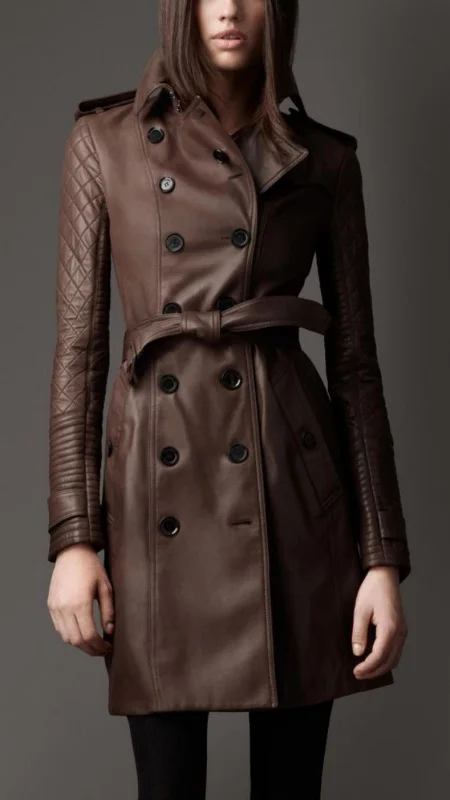Women's Quilted Sleeves Brown Leather Trench Coat TC27 Bolero Crop Top Camisole