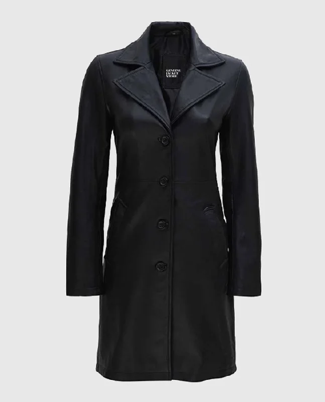 Women's  Real Leather Black Coat Three-Quarter Sleeve Elbow Sleeve Wrist Sleeve
