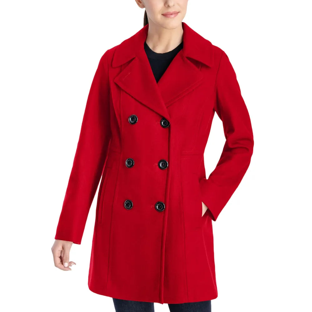Womens Red Double Breasted Wool Coat Embroidered Appliqued Beaded
