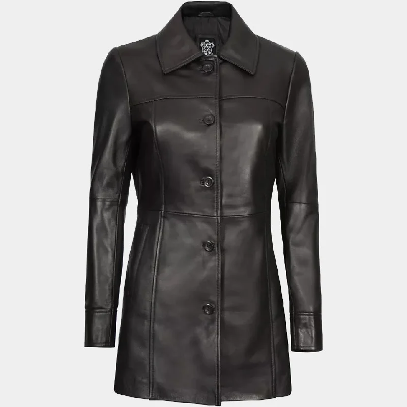 Women's Stylish Lambskin Leather Long Trench Coat Blouse Shirt Tunic