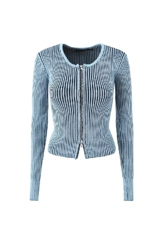 Vintage Contrast Two Way Zipper Long Sleeve Marl Knit Ribbed Crop Cardigan