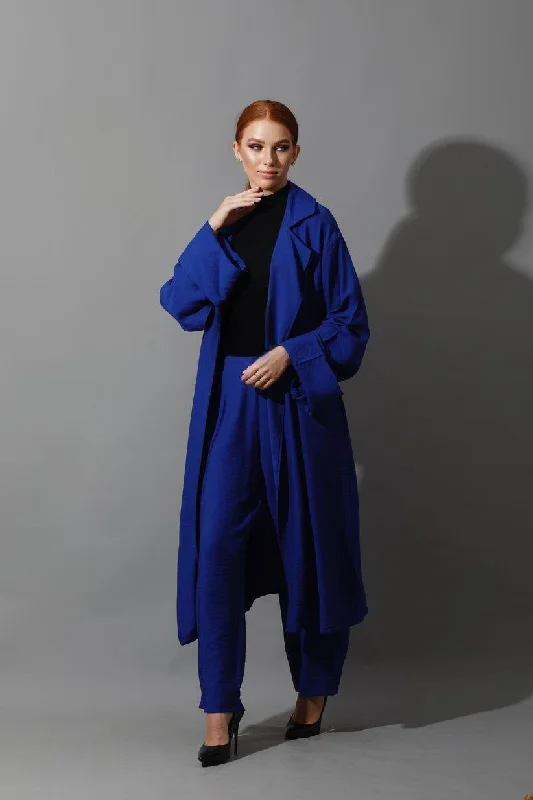 Oversized Linen Royal Blue Ensemble - Long Cardigan + Loose fit pants